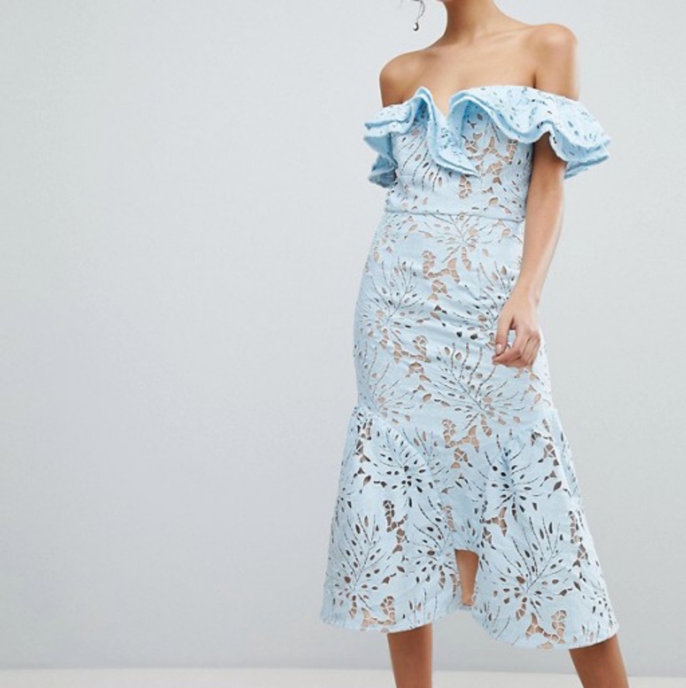Jarlo Frill Cutwork Lace Off Shoulder Stepped Hem